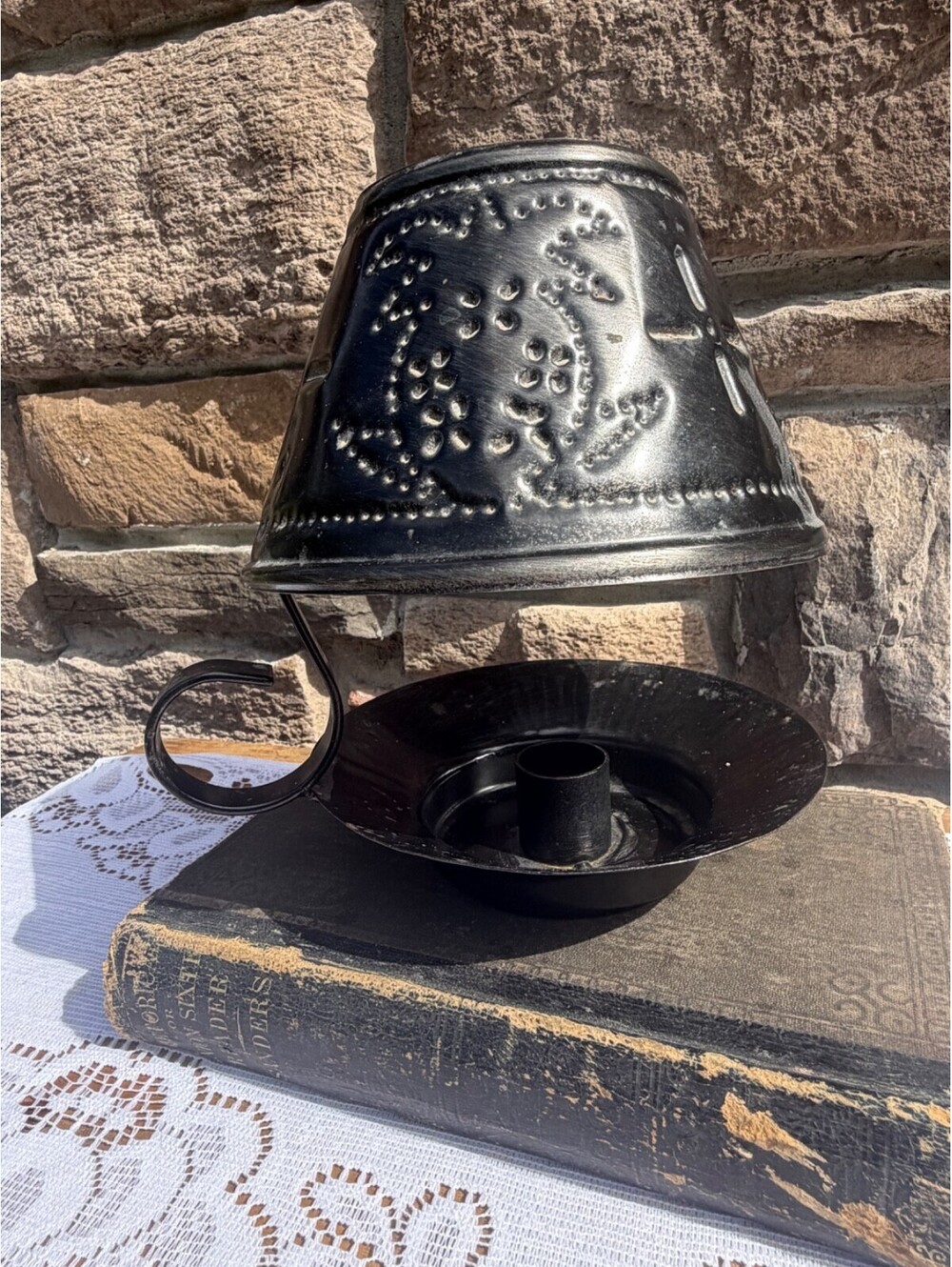Vintage Punched Tin Candle Holder Lamp Removable Pierced Shade Chamberstick